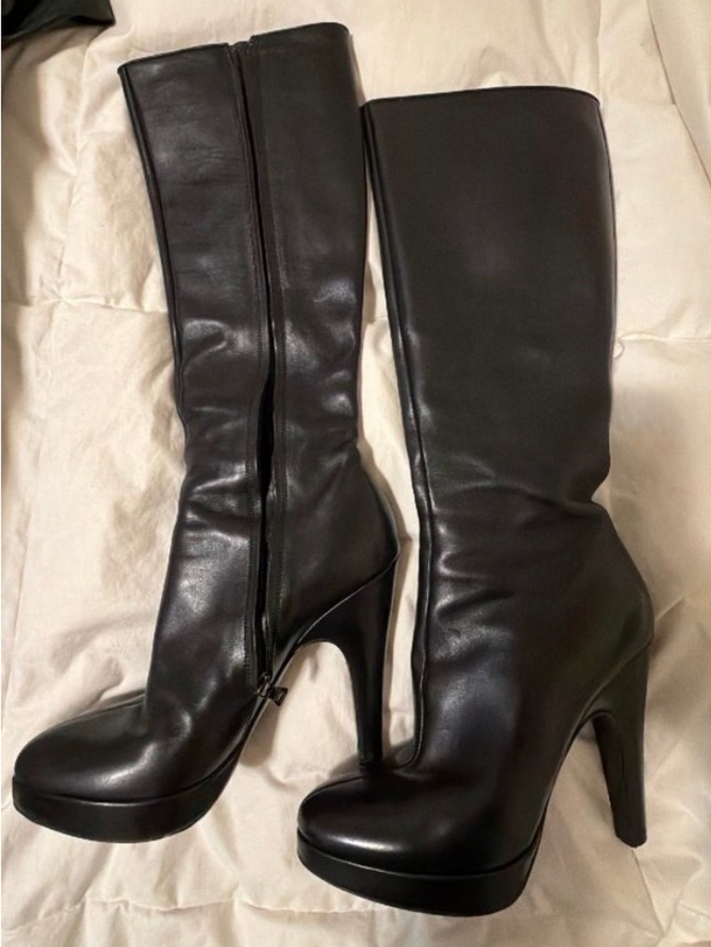 Prada Black Leather High-Heel Knee Boots